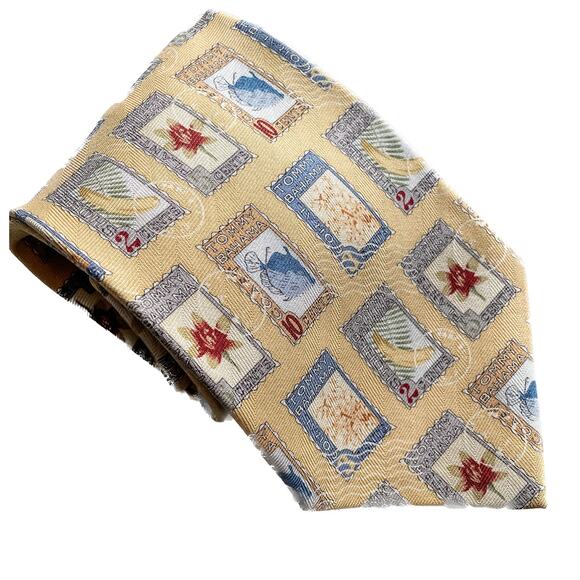 Tommy Bahama Vintage 100% Silk Tropical Postage Stamp Tie Necktie yellow 4"w - Picture 1 of 5